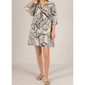 NEW BEFORE YOU COLLECTION leaf print gauze v neck dress in navy